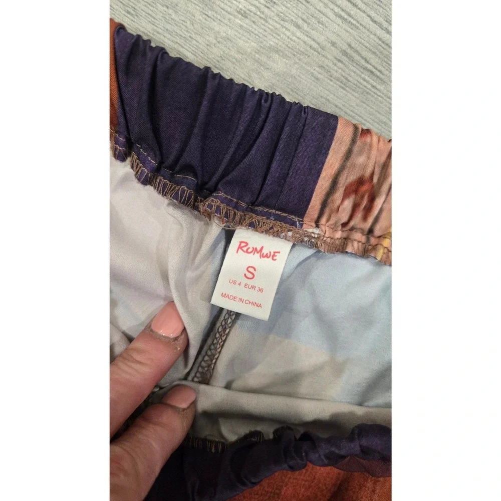 Romwe Womens Patchwork Print Wide Leg‎ Boho Pants Multi Color Size Small